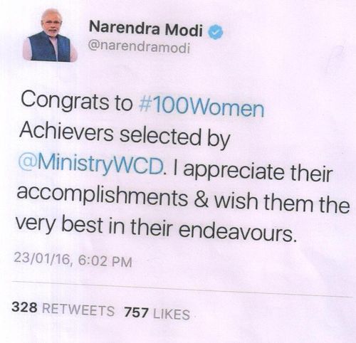 Tweet by Indian PM Shri Narendra Modi: "Congrats to #100Women Achievers selected by @MinistryWCD. I appreciate their accomplishments & wish them the very best in their endeavours."